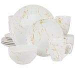 Elama Fine Marble 16-Piece Stoneware Dinnerware Set, Gold/White