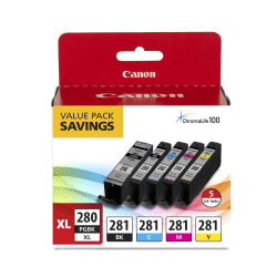 Canon PGI-280XL/CLI-281 High-Yield Black And Black, Cyan, Magenta, Yellow Ink Tanks, Pack Of 5