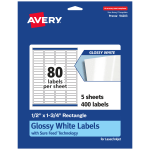 Avery Glossy Permanent Labels With Sure Feed, 94203-WGP5, Rectangle, 1/2in x 1-3/4in, White, Pack Of 400