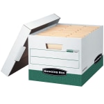 Bankers Box R Kive Heavy-Duty Storage Boxes With Locking Lift-Off Lids And Built-In Handles, Letter/Legal Size, 15in x 12in x 10in, 60% Recycled, White/Green, Case Of 12