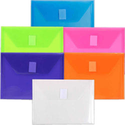 JAM Paper Plastic Index Booklet Envelopes, 5-1/2in x 7-1/2in, Hook & Loop Closure, Assorted Colors, Pack Of 6 Envelopes