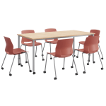 KFI Studios Dailey Table Set With 6 Caster Chairs, Natural/Gray Table/Coral Chairs