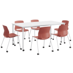 KFI Studios Dailey Table Set With 6 Caster Chairs, White Table/Coral Chairs