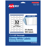 Avery Glossy Permanent Labels With Sure Feed, 94219-WGP25, Rectangle, 1in x 1-1/2in, White, Pack Of 800