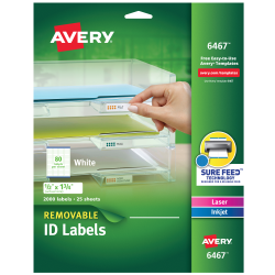 Avery Removable ID Labels With Sure Feed Technology, 6467, Rectangle, 1/2in x 1-3/4in, White, Pack Of 2,000