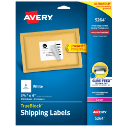 Avery TrueBlock Shipping Labels With Sure Feed Technology, 5264, Rectangle, 3 1/3in x 4in, White, Pack Of 150