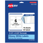 Avery Glossy Permanent Labels With Sure Feed, 94212-WGP10, Rectangle, 2-1/3in x 3-3/8in, White, Pack Of 60