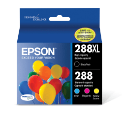 Epson 288XL/288 DuraBrite Ultra High-Yield Black And Cyan, Magenta, Yellow Ink Cartridges, Pack Of 4, T288XL-BCS