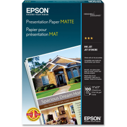 Epson Presentation Paper, Matte White, 13in x 19in, 100 Sheets Per Pack, 27 Lb, 90 Brightness