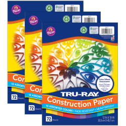 Pacon Tru-Ray Color Wheel Paper Assortment, 12in x 18in, Assorted Colors, 72 Sheets Per Pack, Set Of 3 Packs