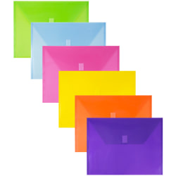 JAM Paper Plastic Envelopes, 9-3/4in x 13in, Hook & Loop Closure, No Expansion, Assorted Colors, Pack Of 6 Envelopes