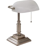 Lorell LED Classic Bankers Lamp, Frosted Glass Shade, Brushed Nickel