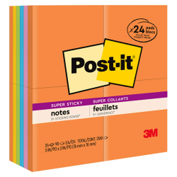 Post-it Super Sticky Notes, 3 in x 3 in, 24 Pads, 90 Sheets/Pad, 2x the Sticking Power, Energy Boost Collection