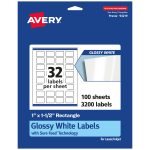 Avery Glossy Permanent Labels With Sure Feed, 94219-WGP100, Rectangle, 1in x 1-1/2in, White, Pack Of 3,200