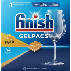 Finish Dishwasher Gel Packs - For Dish, Glass - 1.30 oz (0.08 lb) - Orange Scent - 32 / Box - Pre-moistened - Orange