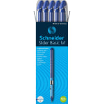 Rediform Schneider Slider Basic M Ballpoint Pens, Medium Point, 1.0 mm, Blue/Silver Barrels, Blue Ink, Pack Of 10 Pens