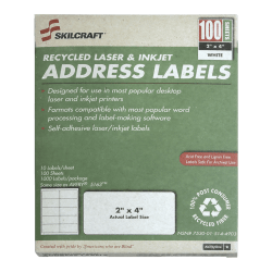 SKILCRAFT Permanent Inkjet/Laser Address Labels, NSN5144903, Rectangle, 2in x 4in, White, Box Of 100 Sheets (AbilityOne 7530-01-514-4903)