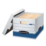 Bankers Box Stor/File Medium-Duty Storage Boxes With Locking Lift-Off Lids And Built-In Handles, Letter/Legal Size, 15 x 12in x 10in, 60% Recycled, White/Blue, Case Of 4