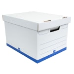 Office Depot Brand Medium Quick Set Up Corrugated Medium-Duty Storage Boxes With Lift-Off Lids And Built-In Handles, Letter/Legal Size, 15in x 12in x 10in, White/Blue, Pack Of 5