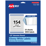 Avery Glossy Permanent Labels With Sure Feed, 94503-WGP25, Round, 1/2in Diameter, White, Pack Of 3,850