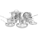 Cuisinart 11-Piece Chefs Classic Cookware Set - 1.5 quart Saucepan, 2.5 quart Saucepan, 3 quart Saute, 8 quart Stockpot, 8in Diameter Skillet, 10in Diameter Skillet, Steamer Insert, Lid - Stainless Steel, Tempered Glass Lid, Aluminum - Dishwasher Safe