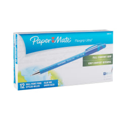 Paper Mate FlexGrip Ultra Ballpoint Pens, Fine Point, 0.8 mm, Blue Barrel, Blue Ink, Pack Of 12