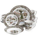 Gibson Home Christmas Toile 16-Piece Dinnerware Set, Home Scene