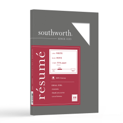 Southworth 100% Cotton Resume Paper, 8 1/2in x 11in, 32 Lb, 100% Recycled, White, Pack Of 100