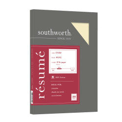 Southworth 100% Cotton Resume Paper, 8 1/2in x 11in, 32 Lb, 100% Recycled, Ivory, Pack Of 100