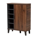 Baxton Studio Idina 2-Tone 1-Door Shoe Cabinet, Walnut/Gray/Dark Brown