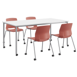 KFI Studios Dailey Table And 4 Chairs, With Caster, White/Silver Table, Coral/Silver Chairs