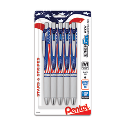 Pentel EnerGel Stars & Stripes Liquid Gel Pens, Pack Of 5, Medium Point, 0.7 mm, Red/White/Blue Barrel, Black Ink