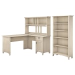 Bush Furniture Salinas 60inW L Shaped Desk with Hutch and 5 Shelf Bookcase, Antique White, Standard Delivery