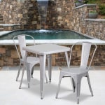 Flash Furniture Square Metal Indoor-Outdoor Table Set With 2 Stack Chairs, 29inH x 27-3/4inW x 27-3/4inD, Silver