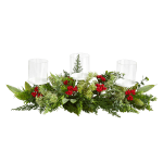 Nearly Natural 5inH Holiday Winter Greenery And Berries Triple Candle Holder Artificial Christmas Table Arrangement, 5inH x 20inW x 4inD, Clear/Green/Red