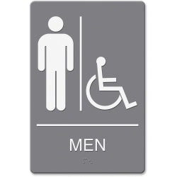 Headline U.S. Stamp & Sign Men/Wheelchair Image Indoor Sign - 1 Each - English - mens restroom/wheelchair accessible Print/Message - 6in Width x 9in Height - Rectangular Shape - Wall Mountable, Door-mountable - Double Sided - Plastic - Indoor - Gray, Whit