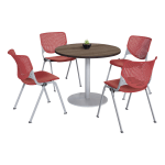 KFI Studios KOOL Round Pedestal Table With 4 Stacking Chairs, Studio Teak/Coral Orange