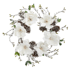 Nearly Natural 24inH Snowed Magnolia And Pine Cone Wreath, 24in x 3in, White