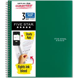 Five Star Wirebound Notebook Plus Study App, 8-1/2in x 11in, 3 Subject, College Ruled, 150 Sheets, Forest Green