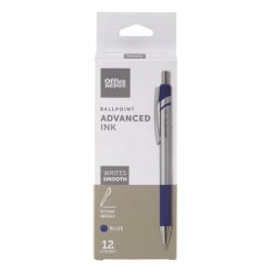 Office Depot Brand Advanced Ink Retractable Ballpoint Pens, Needle Point, 0.7 mm, Silver Barrel, Blue Ink, Pack Of 12