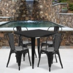 Flash Furniture Commercial-Grade Square Metal Table Set With 4 Stack Chairs, 29-1/2inH x 31-1/2inW x 31-1/2inD, Black