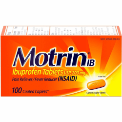 Motrin Ibuprofen Caplets - For Fever, Common Cold, Headache, Backache, Muscular Pain, Arthritis, Toothache - 100 / Box