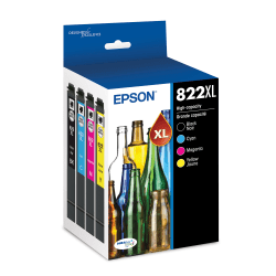 Epson 822XL DuraBrite High-Yield Black, Cyan, Magenta, Yellow Ink Cartridges, Pack of 4, T822XL-XCS