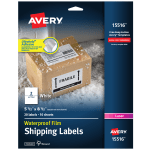 Avery Waterproof Shipping Labels With Ultrahold, 15516, Rectangle, 5-1/2in x 8-1/2in, White, 20 Labels For Laser Printers