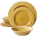 Gibson Studio California Mauna 12-Piece Melamine Dinnerware Set, Yellow Crackle