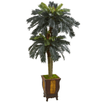 Nearly Natural Double Sago Palm 72inH Artificial Tree With Designer Planter, 72inH x 34inW x 34inD, Green