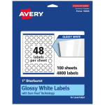 Avery Glossy Permanent Labels With Sure Feed, 94606-WGP100, Starburst, 1in, White, Pack Of 4,800