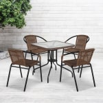 Flash Furniture Square Glass and Metal Table with 4 Rattan Stack Chairs, 28inH x 28inW x 28inD, Clear/Dark Brown