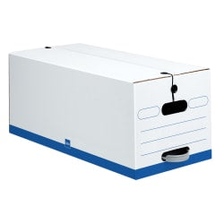 Office Depot Brand Quick Set Up Standard-Duty Storage Boxes With String & Button Closures And Built-In Handles, Letter Size, 24in x 12in x 10in, 60% Recycled, White/Blue, Pack Of 12