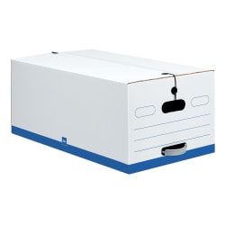 Office Depot Brand Quick Set Up Standard-Duty Storage Boxes With String & Button Closures And Built-In Handles, Legal Size, 24in x 15in x 10in, 60% Recycled, White/Blue, Pack Of 12